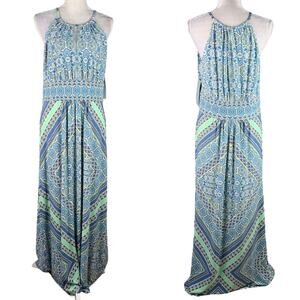 London Times Maxi Dress 4 Keyhole Sleeveless Geometric Long Stretch New